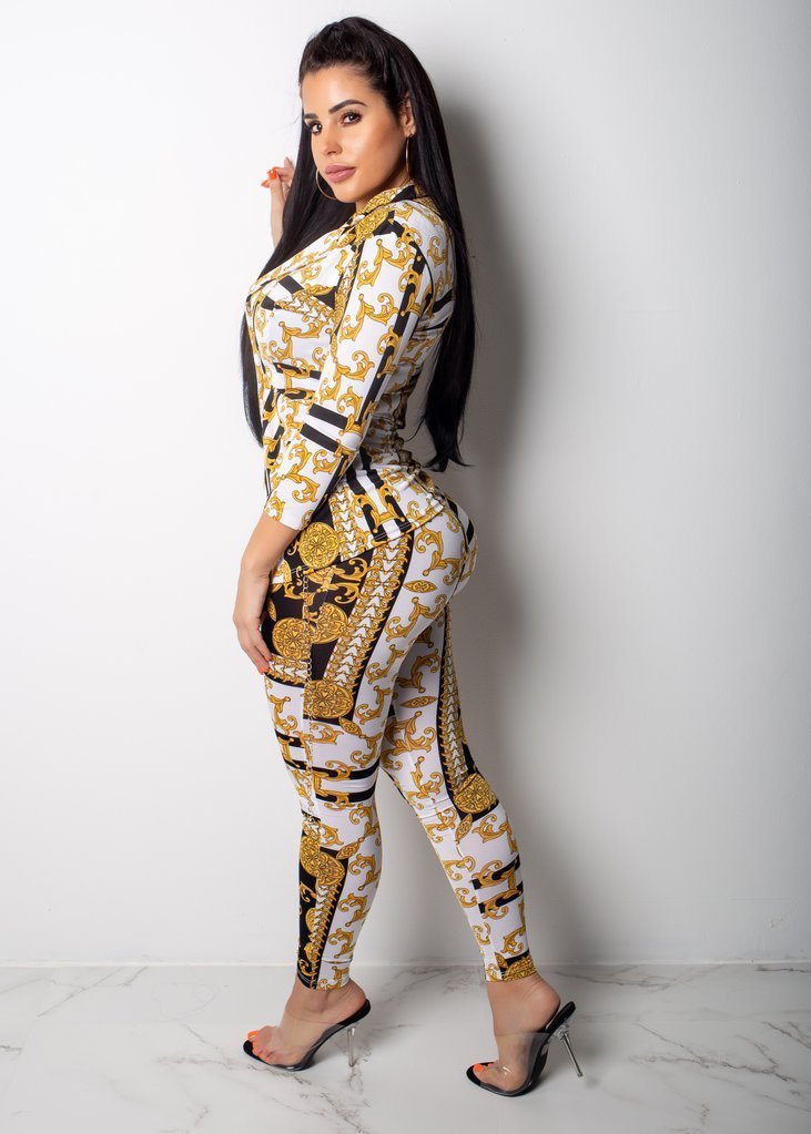 Baroque Yellow/Black Women's Long Sleeve Jacket + Skin Tight Leggings 2-Piece Set
