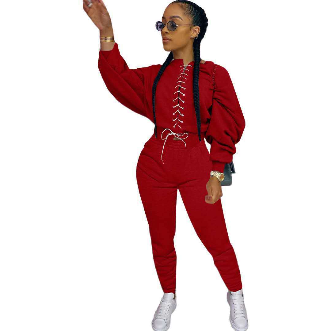 Puffed Balloon Sleeve Criss-Cross Women's Lace-Up Sweatshirt + Jogger Sweatpants Tracksuit to 3X Plus Size