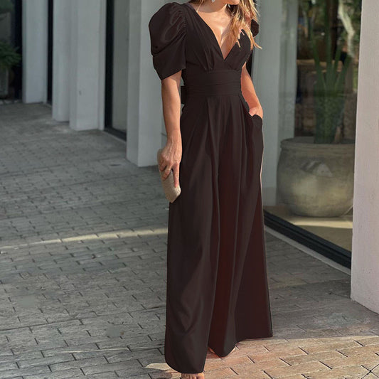 Short Balloon Sleeve Cinched Waist Deep V-Neck Wide Leg Solid Color Jumpsuit to 3X Plus Size