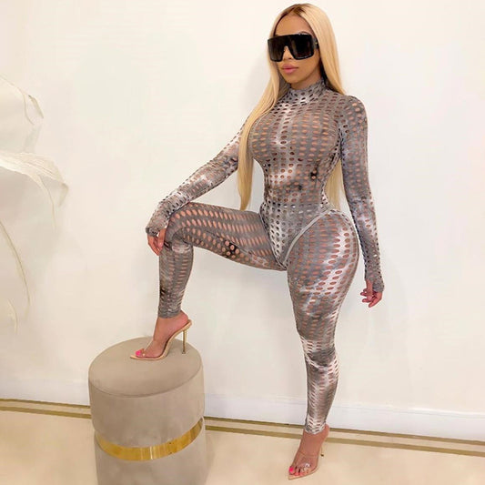 Skinny Mesh Fitness Tie-Dye Hole Design Hollow-Out Women's Long Sleeve Shirt + Leggings 2-Piece Set