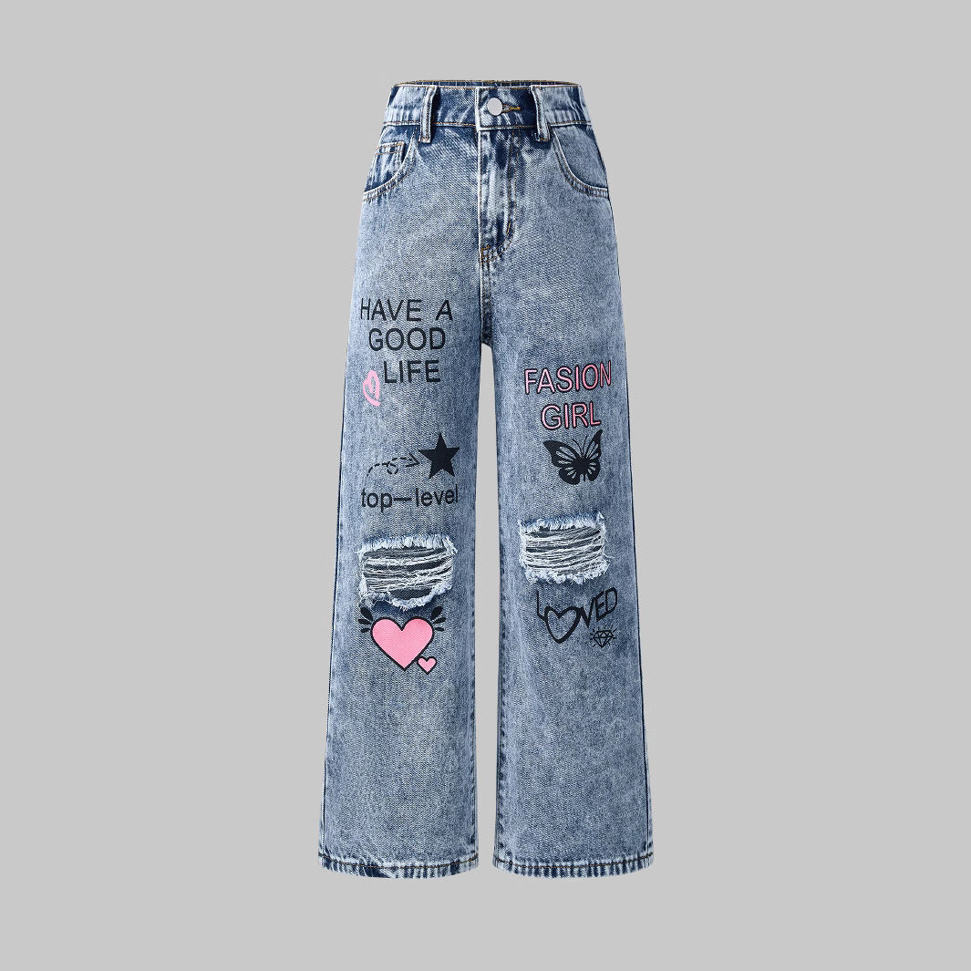 Denim Ripped Washed Star Butterfly Heart Print Letter Print Wide Leg Women's Jeans