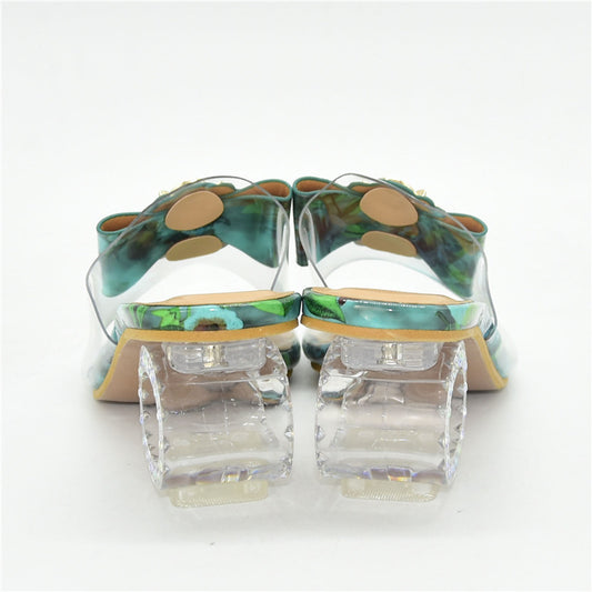 PVC Clear Transparent Rhinestone Gold Pendant Detail Women's High Heels Slipper Sandals