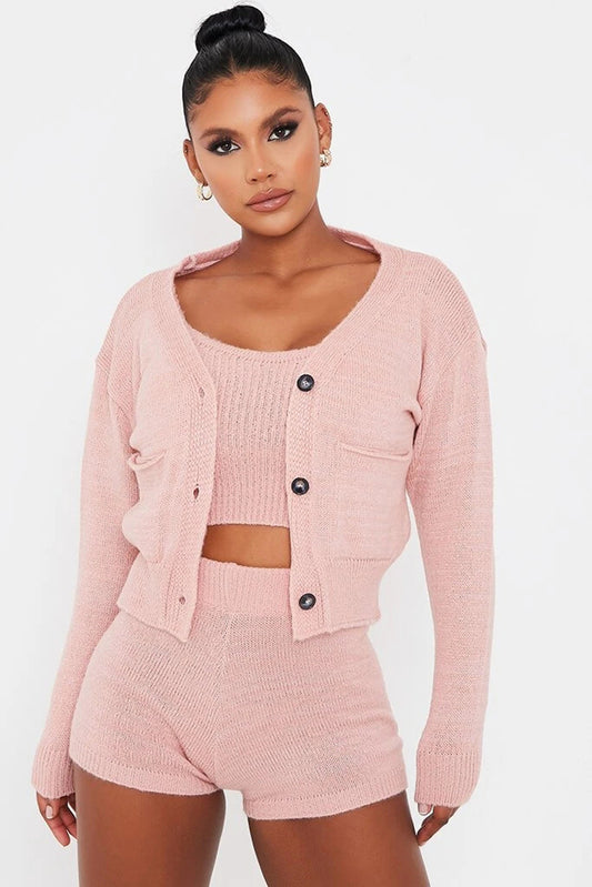 Fuzzy Women's Button-Up Solid Color Cardigan Sweater + Ribbed Crop Tank Top + Mini Shorts 3-Piece Set