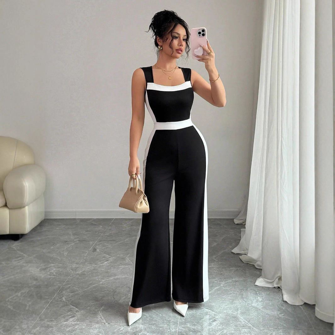Colorblock Black/White Side Striped Women's Sleeveless Wide Leg Bodycon Jumpsuit