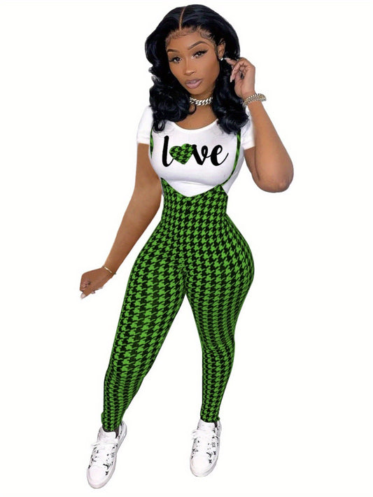 Sleeveless Houndstooth Plaid Print Cami Overalls Jumpsuit w/Love Heart Print T-Shirt Women's 2-Piece Set