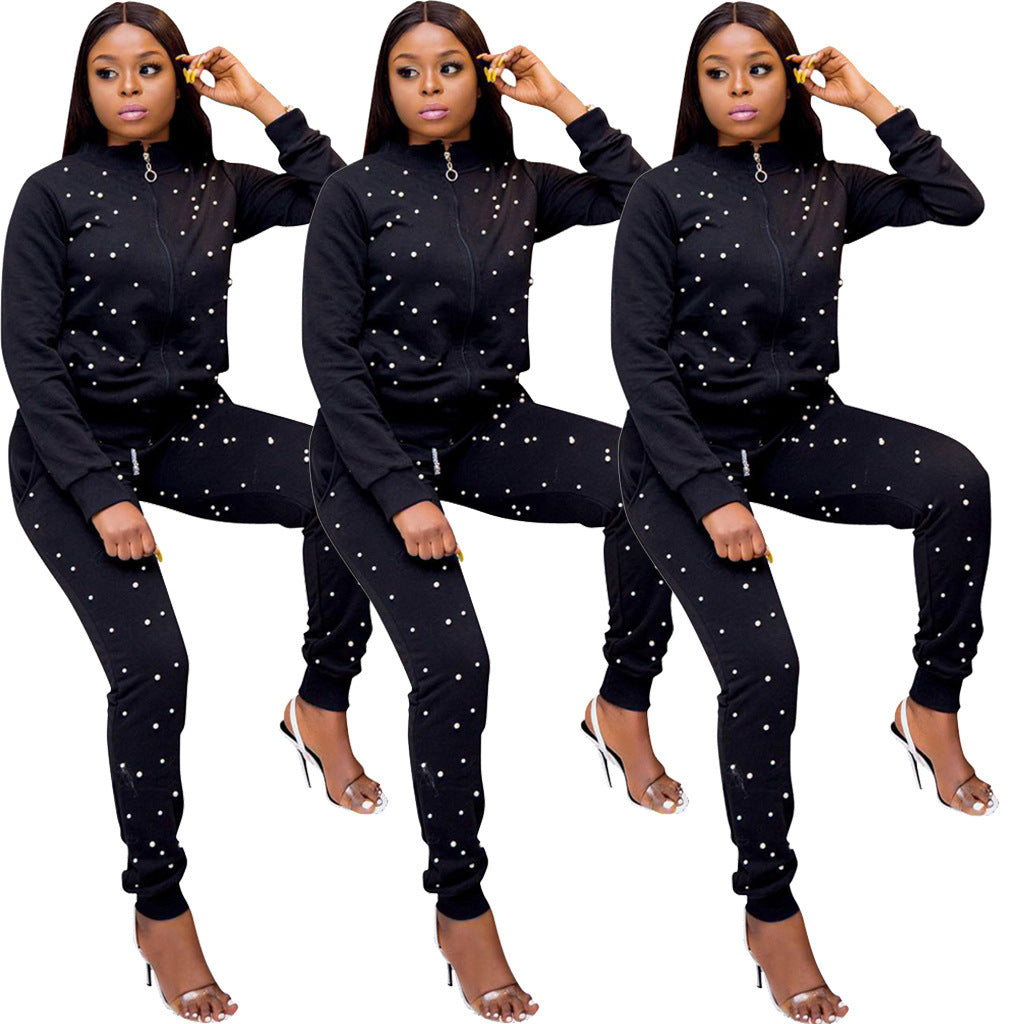 Black Pearl Beaded Sports Zipper Jacket + Sweatpants Women's Tracksuit