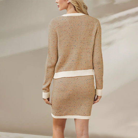 Knitted Button-Up Pocketed Cardigan Sweater + Mini Skirt Women's Business Suit
