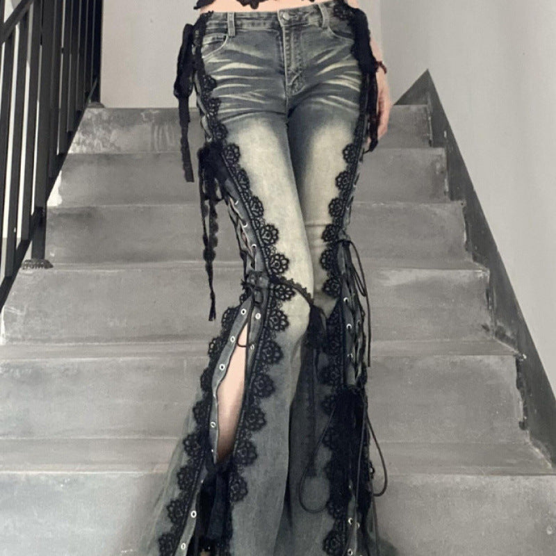 Vintage Lace Strap Women's High Slit Jeans