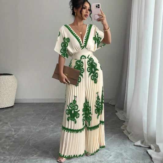 Pleated Printed Deep V-Neck Short Sleeve Wide Leg Jumpsuit
