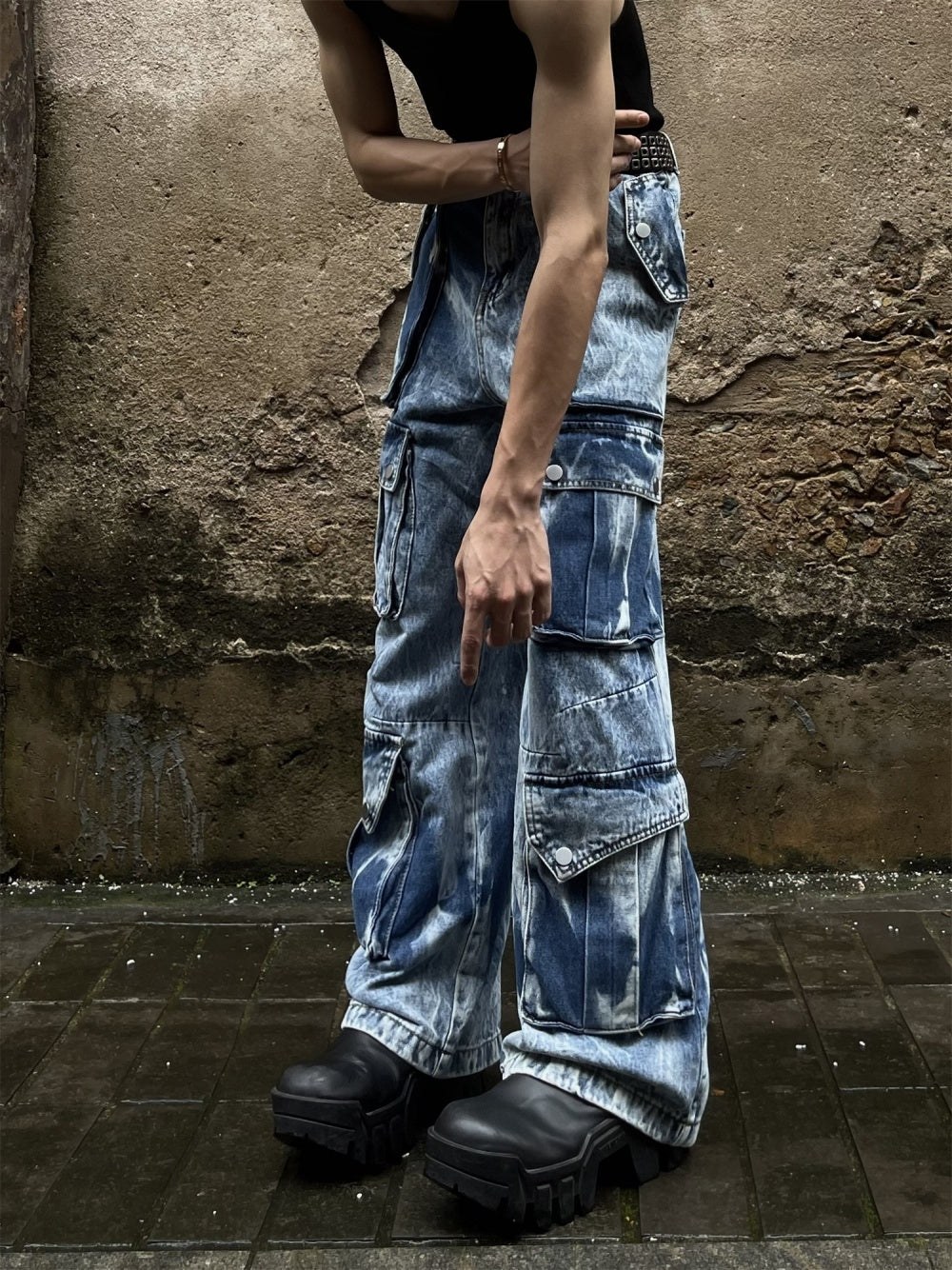 Men's Dark Blue/Grey Tie-Dye Retro Colorblock Baggy Hip-Hop Multi-Pocketed Wide Leg Cargo Jeans