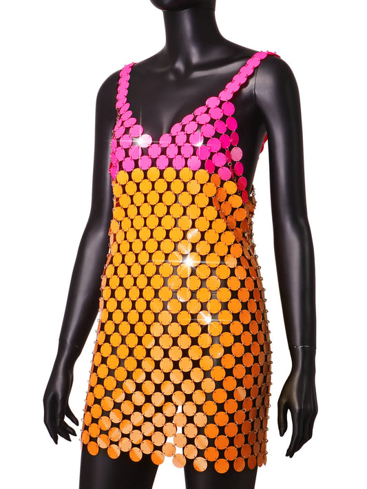 Colorblock Hot Pink/Orange Shiny Sequin Mini Formal Party Sling Dress