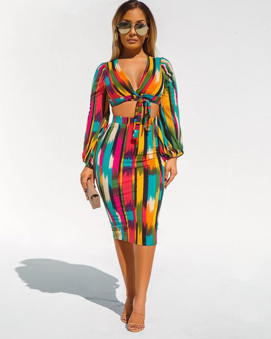 Tie-Dye Geometric Multicolored Striped Lace-Up Long Sleeve Crop Top + Midi Skirt Two-Piece Set