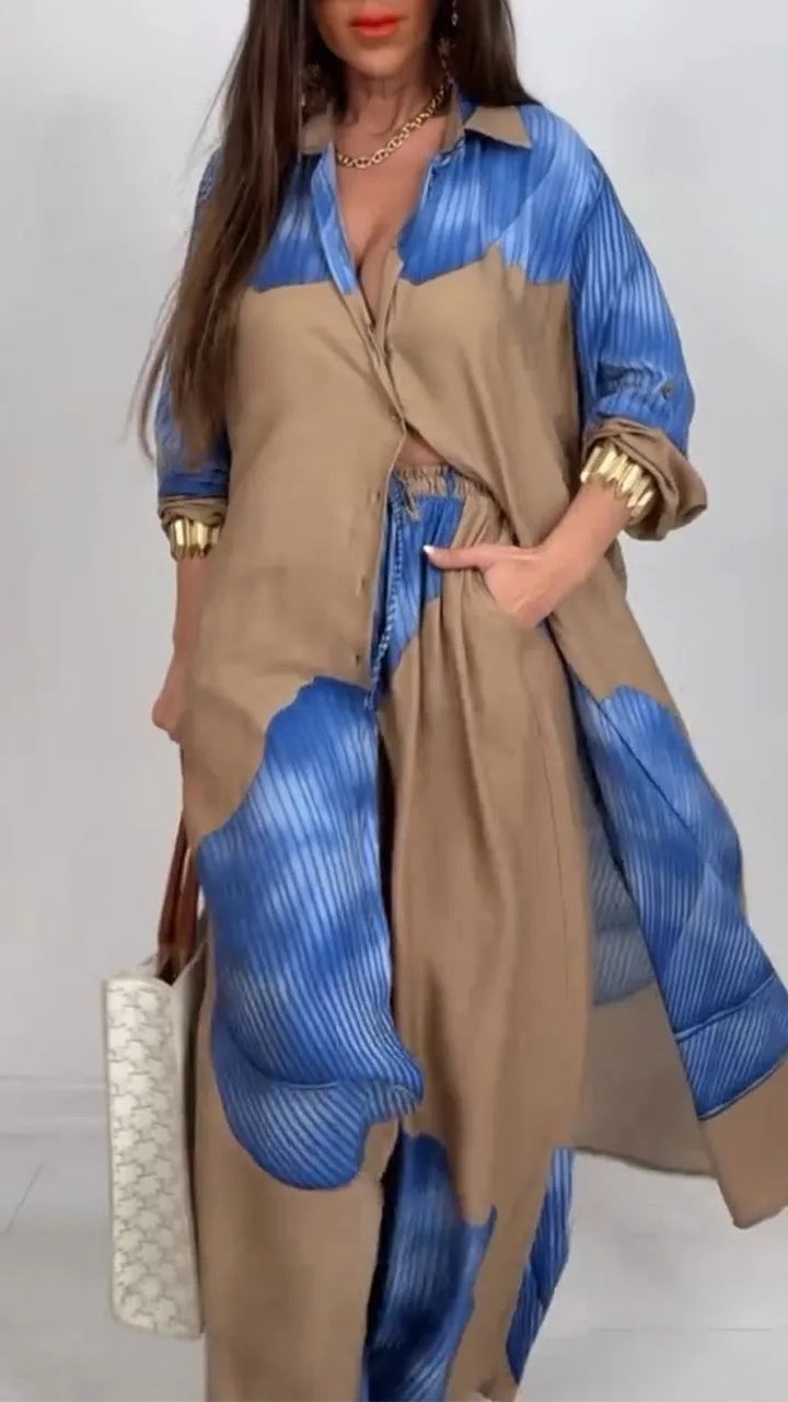 Geometric Colorblock Women's Long Sleeve Maxi Blouse + Pants 2-Piece Sets to 5X Plus Size