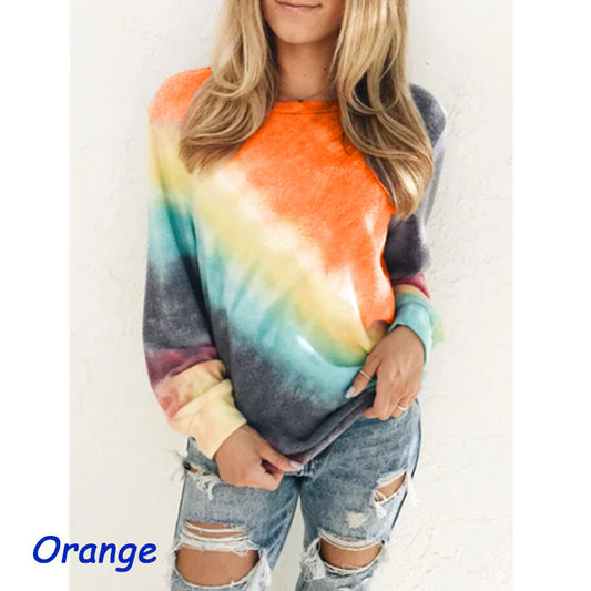 Rainbow Diagonal Colorblock Tie-Dye Casual Women's Long Sleeve Sweatshirt to 5X Plus Size