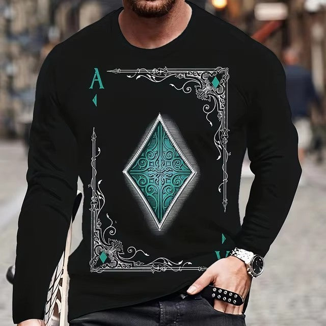 Men's Hip-Hop 3D Striped/Solid Playing Card Letter Digital Print Long Sleeve T-Shirt