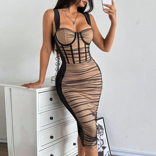 Bodycon Ruched Ruffled Hem Sleeveless Layered Patchwork Sheer Mesh Corset Design Formal Party Dress
