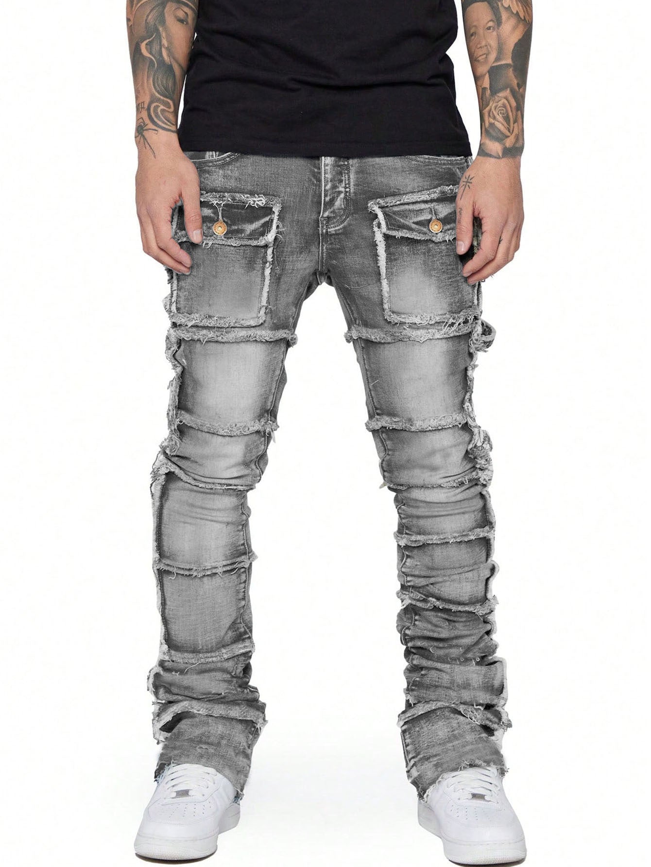 Men's Faded Denim Hip-Hop Tiered Ripped Fringe Multi-Pocketed Skinny Cargo Jeans