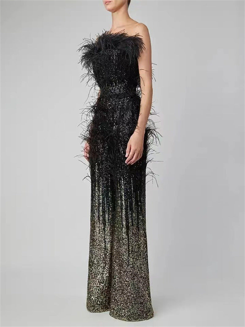 Ostrich Feather Sequin Sparkling Glitter Gradient Design Sleeveless Formal Women's Tube Top Jumpsuit