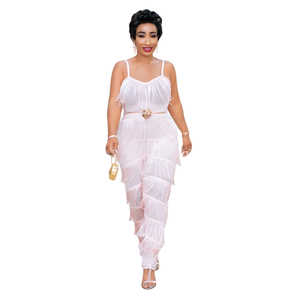 White Tassel Fringe Detail Sleeveless Spaghetti Strap Women's Solid Color Jumpsuit to 5X Plus Size