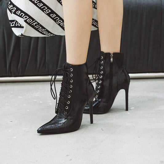 Croc Pattern Patent Leather Stiletto Heel Solid Color Lace-Up Women's Ankle Boots