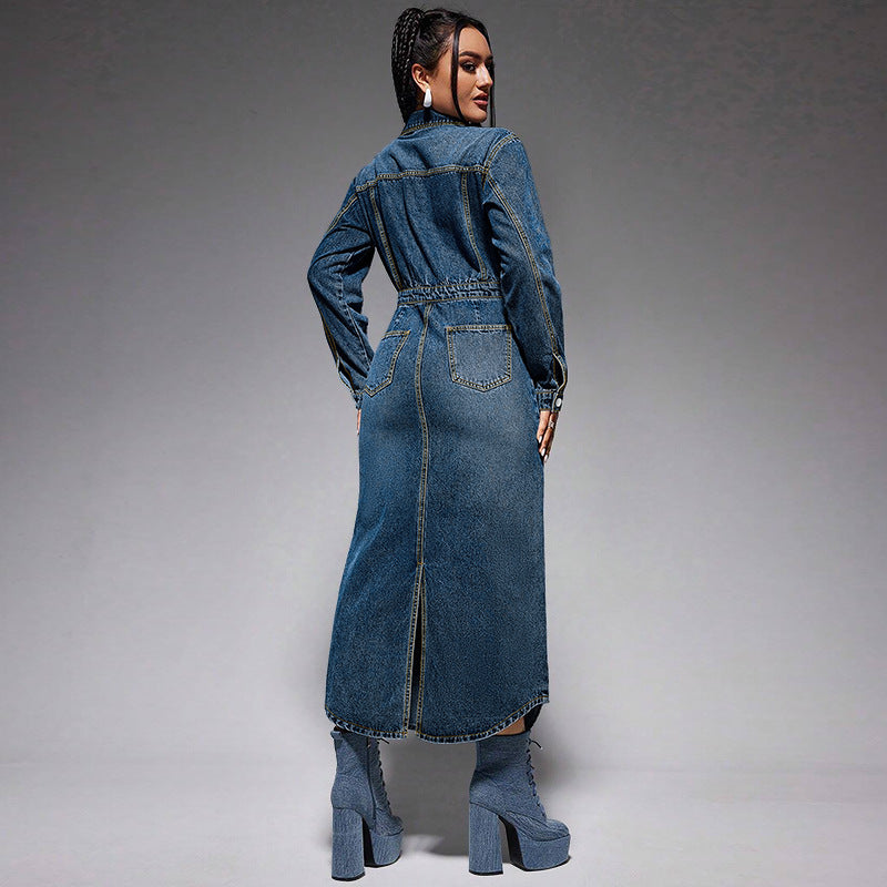 Denim Blue Double Pocket Design Long Sleeve High Slit Maxi Button-Up Jean Dress