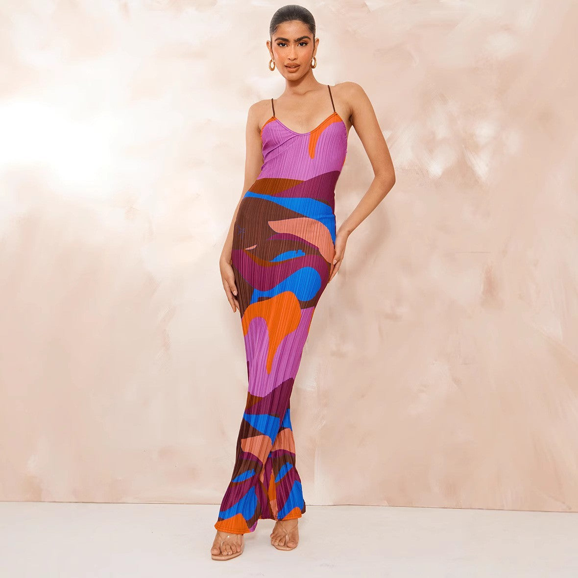Pleated Sleeveless Floral Colorblock Print Spaghetti Strap Sling Maxi Dress