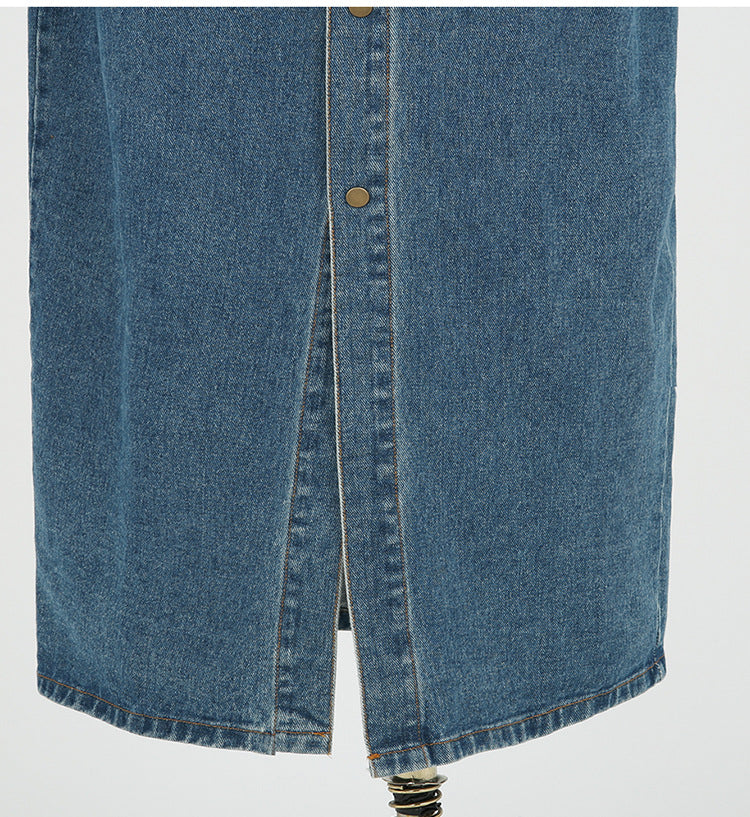 Denim Blue Double Pocket Design Turn-Down Collar Long Sleeve High Slit Maxi Jean Dress