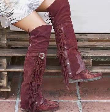 Western Tassel Fringe Design Suede Women's Knee High Flat Moccasin Boots