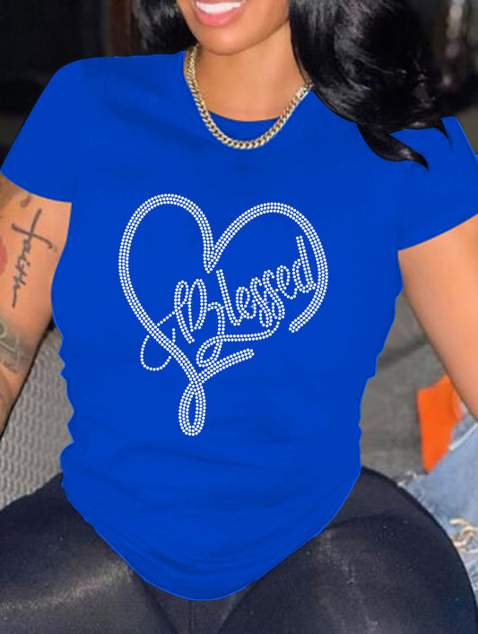 Heart Print "Blessed" Glitter Sparkling Rhinestone O-Neck Women's Short Sleeve T-Shirt to 5X Plus Size