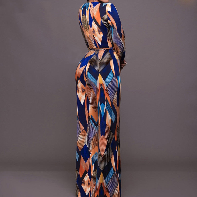 Colorblock Geometric Digital Print V-Neck Long Sleeve Women's Sash Belted Jumpsuit