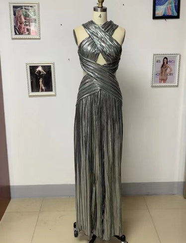 Silver Faux Leather Criss-Cross Sleeveless Halter Neckline Formal Maxi Party Dress