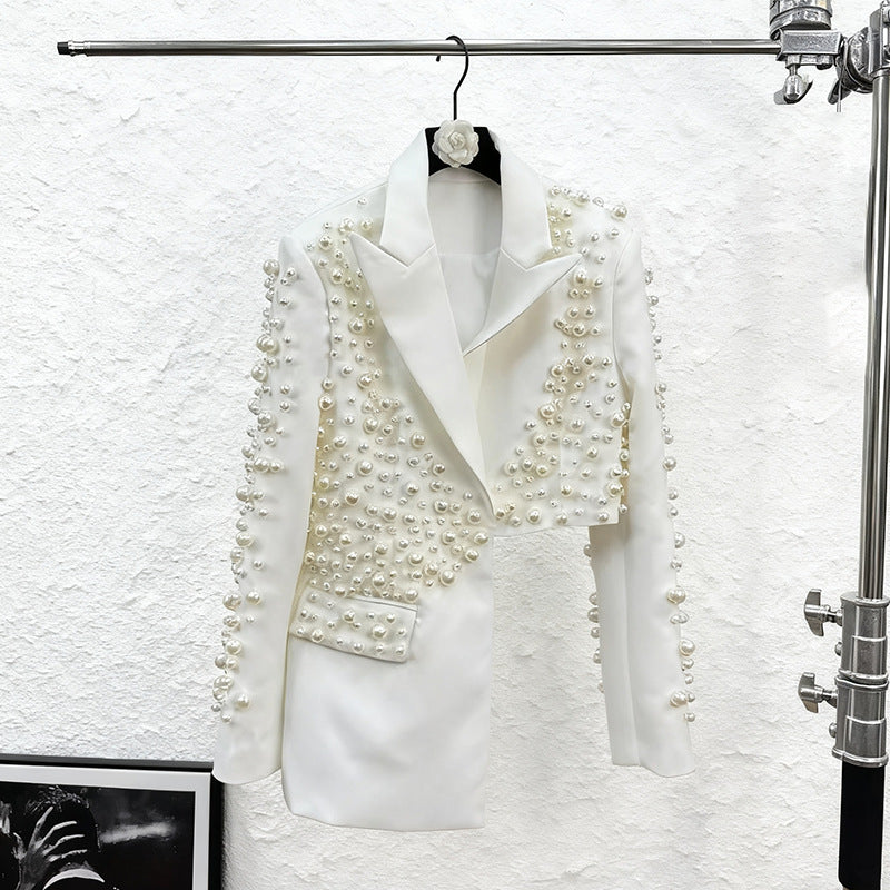 Irregular Hot Drill Pearl Embellished High/Low Deep V-Neck Beaded Blazer Jacket + Mini Skirt Women's Suit