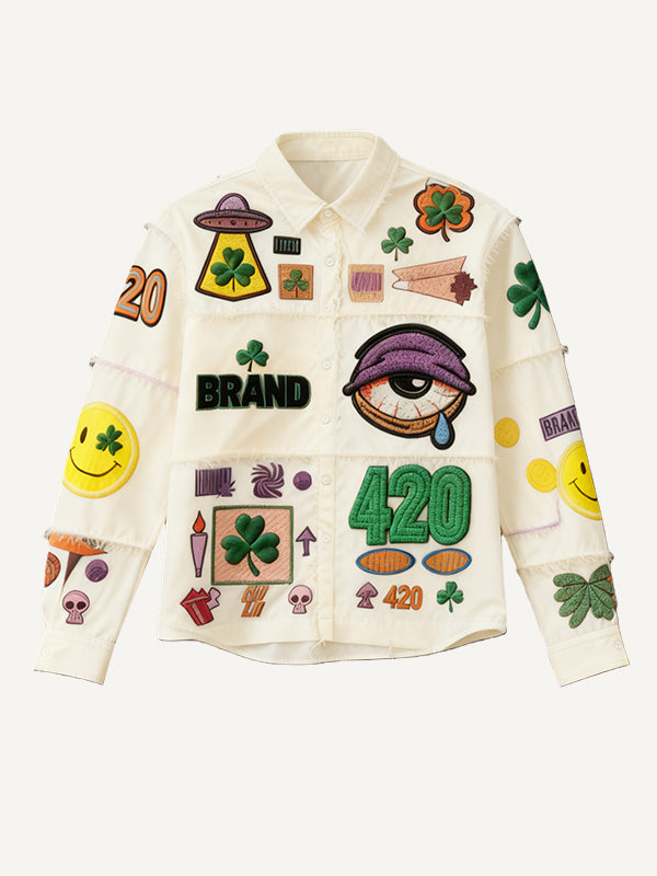 Tiered Hip-Hop 4/20 Patchwork Design Unisex Turn-Down Collar Women's Button-Up Shirt