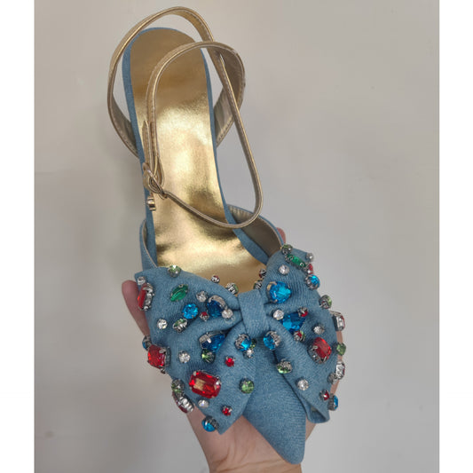 Denim Bow Rainbow Rhinestone Decor Women's Pointed Toe Closed Toe High Heel Slingback Mule Pumps