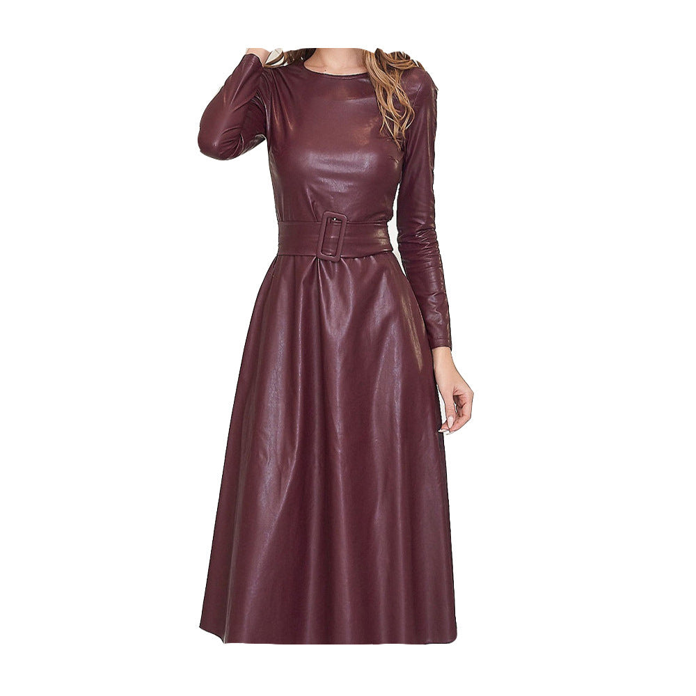 PU Leather O-Neck Solid Color Long Sleeve Flared Sash Belted Dress