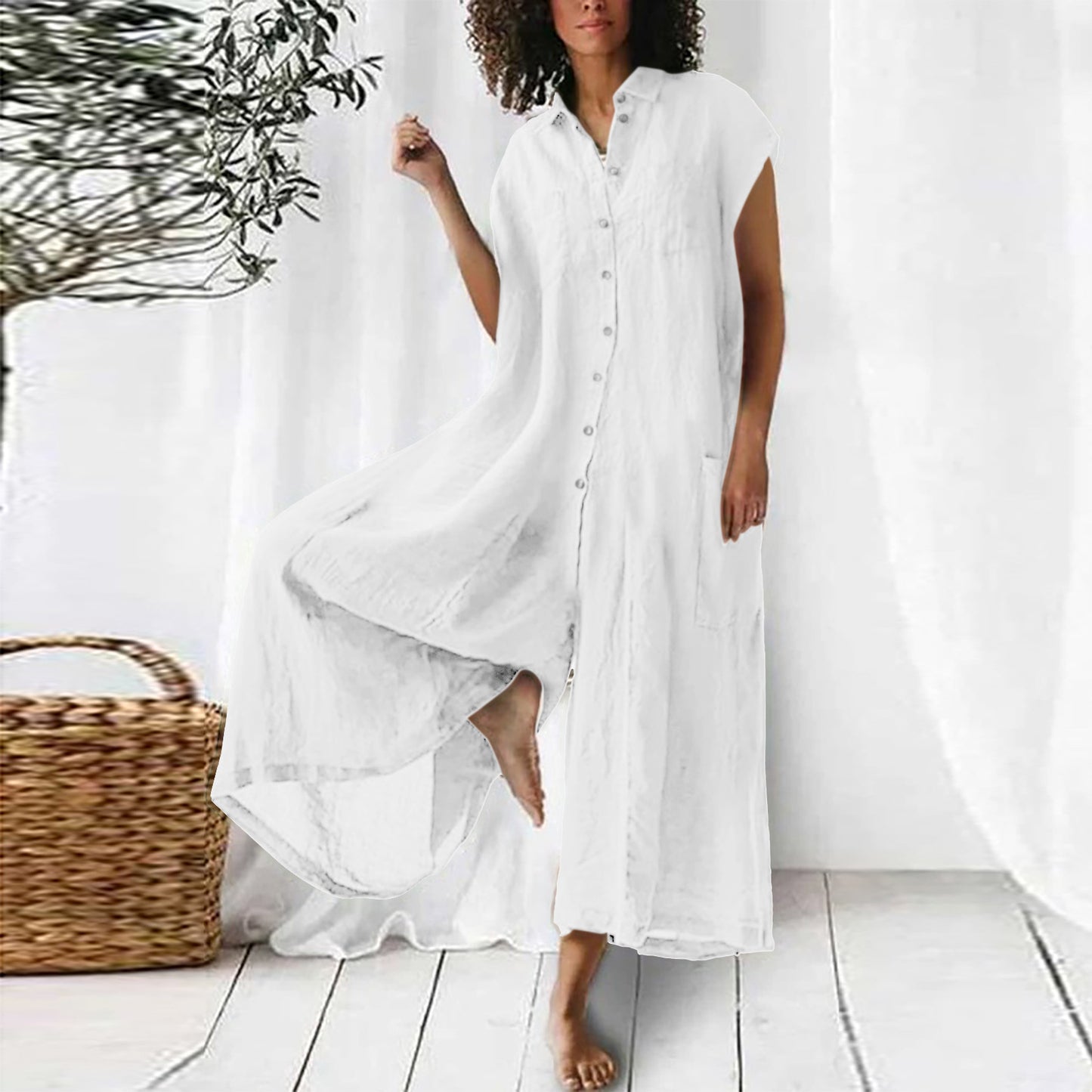 Button-Up Solid Color Short Sleeve Midi Length Women's Wide Leg Jumpsuit