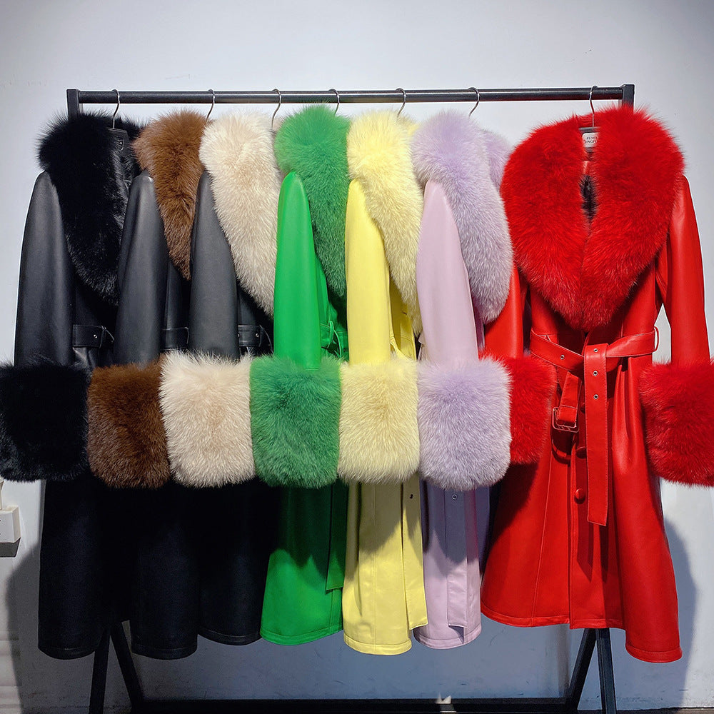 Sheepskin Oversized Fox Fur Collar Leather Long Sleeve Solid Color Women's Sash Belted Trenchcoat
