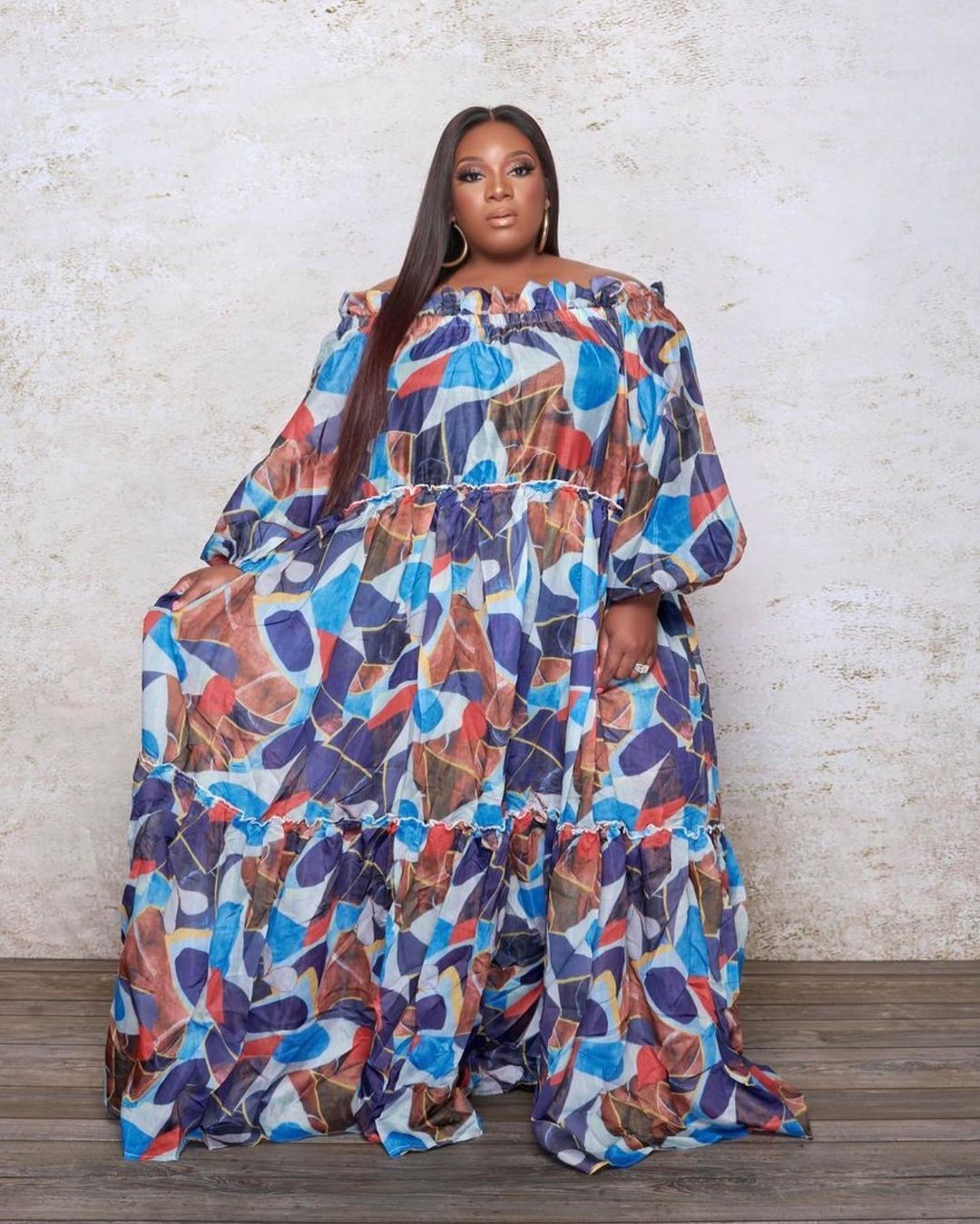 Oversized Geometric Floral Print Long Sleeve Off-the-Shoulder High Slit Maxi Dress to 5X Plus Size