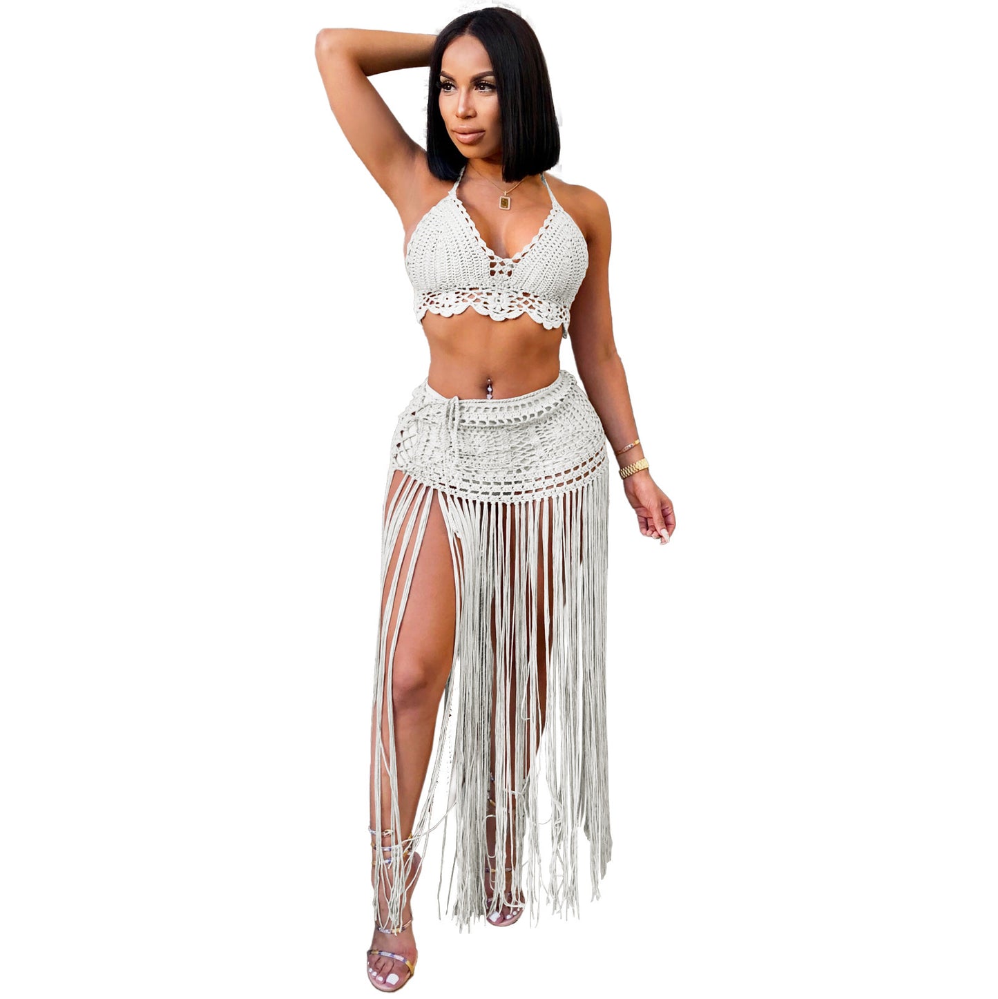 Crochet Bikini Top + Hanging Tassel Maxi Skirt 2-Piece Swimsuit Cover-Up Set