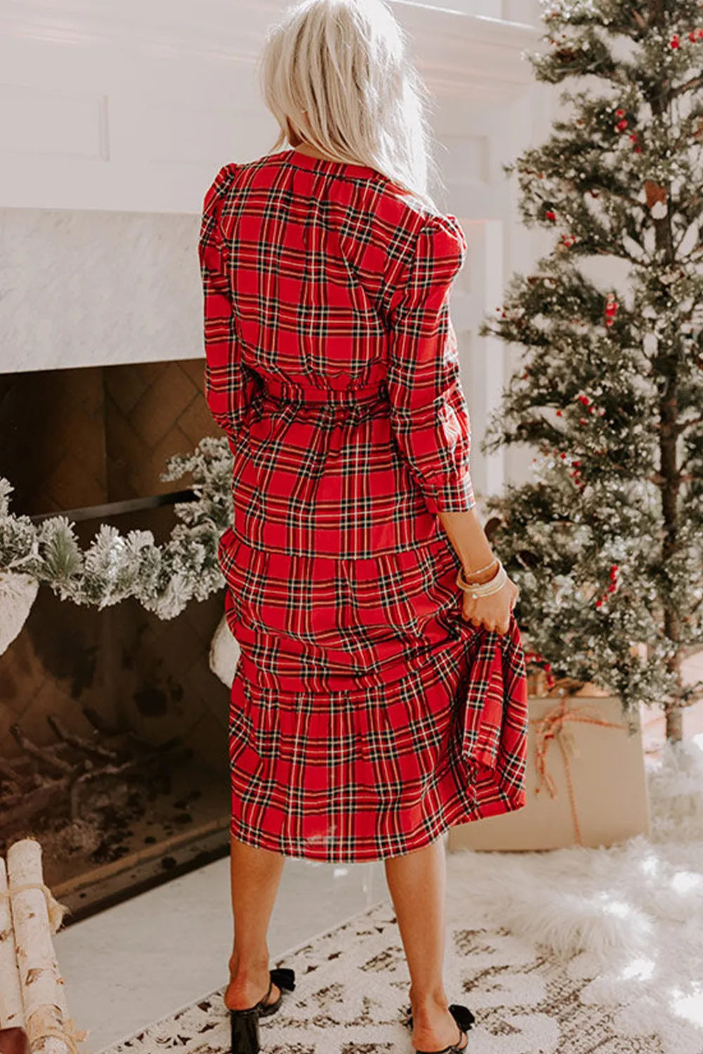 Red/Green Plaid Christmas Color Print Print Long Sleeve V-Neck Tiered Sash Belted Maxi Dress