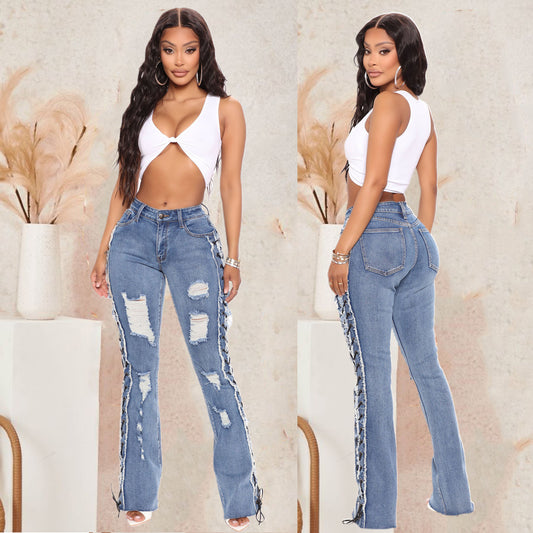 Ripped Faded Denim Lace-Up Design Women's Skinny Jeans to 3X Plus Size