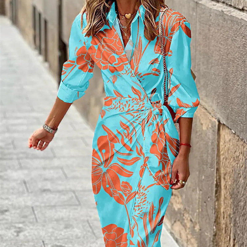 Striped Colorblock Floral Geometric Turn-Down Collar 3/4 Length Long Sleeve Maxi Dress w/ Sash Belt