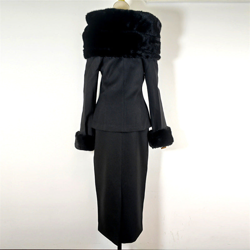 Designer Black Oversized Faux Fur Collar Long Sleeve Off-the-Shoulder Formal Suit Dress