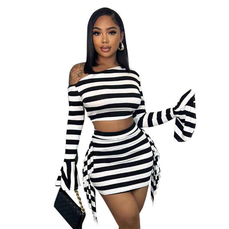 Black/White Off-the-Shoulder Striped Long Sleeve Crop Top + Mini Skirt Women's 2-Piece Set