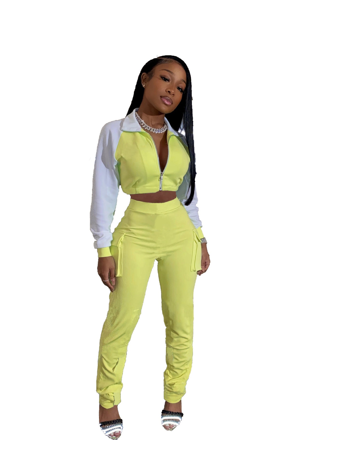 Colorblock Turn-Down Collar Cropped Sports Zipper Jacket + Cargo Pocketed Sweatpants Women's Tracksuit