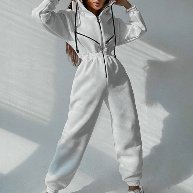 Drawstring Women's Elastic Waist Long Sleeve Hoodie Jumpsuit