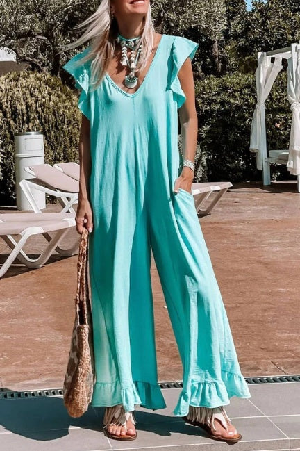 Ruffled Loose Lotus Leaf Casual Sleeveless Pocketed Women's Jumpsuit