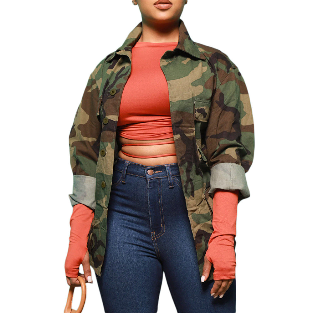 Camoflauge Print Cargo Pocketed Women's Coat
