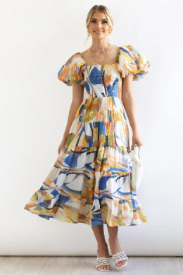 Flower Print Tiered Short Bubble Sleeve High Waist Off-the-Shoulder Bohemian Maxi Dress