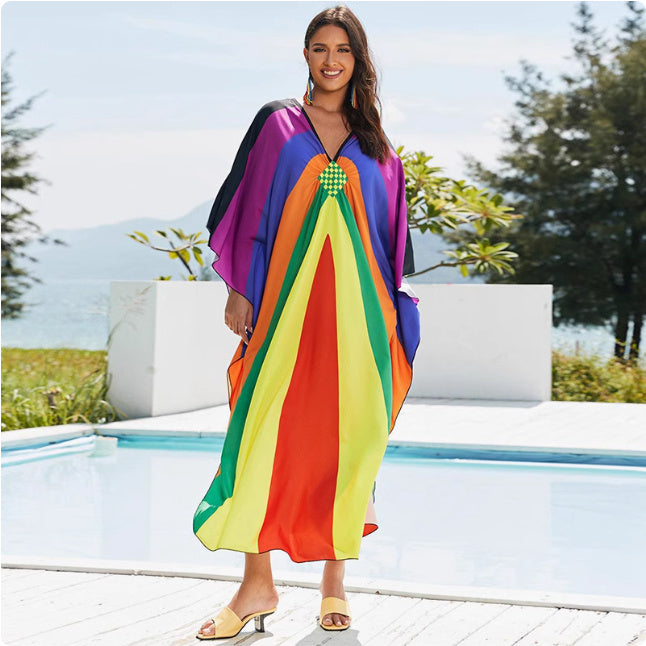 Rainbow Striped Multicolor Big Swing V-Neck Sleeveless Spaghetti Strap Double High Side Slit Maxi Sundress to 5X Plus Size
